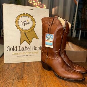 Tony Lama Sz 11.5B Tan Leather Cowboy Boots, Roundtoe, 3in Heel, Lizard